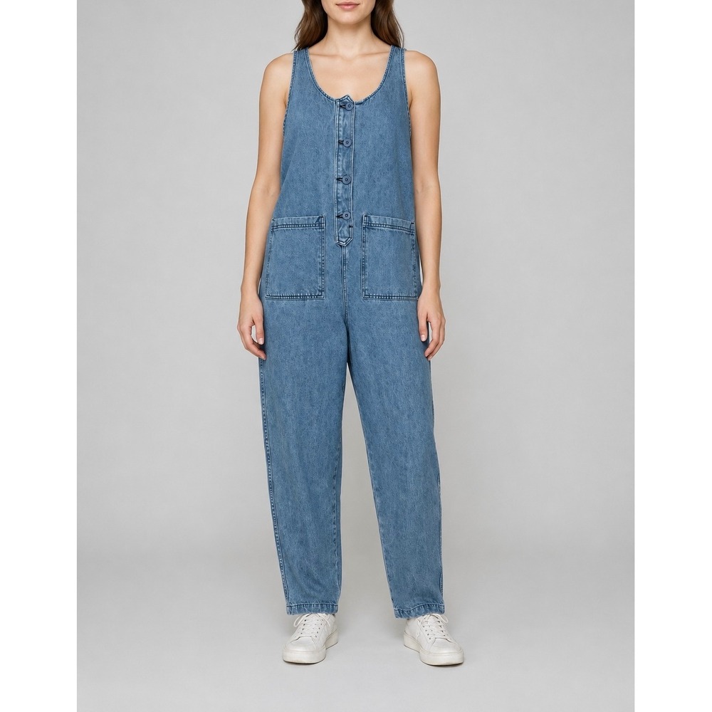 Jungmaven Button Front Jumper Women S Blue Organic Cotton Jumpsuit Denim Overall